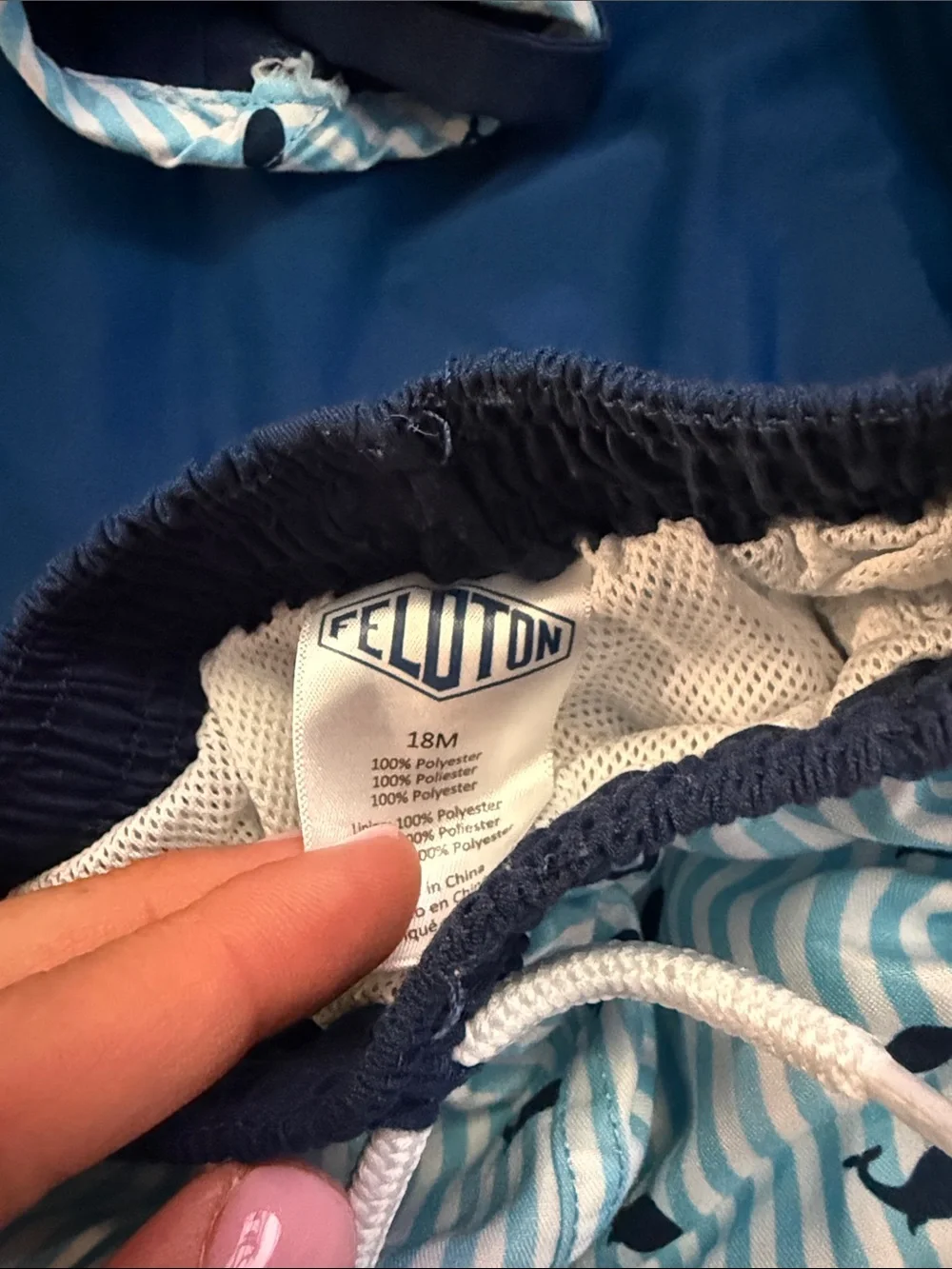 Peloton Navy & Light Blue Whale Swim Set with Striped Shorts and Sun Hat